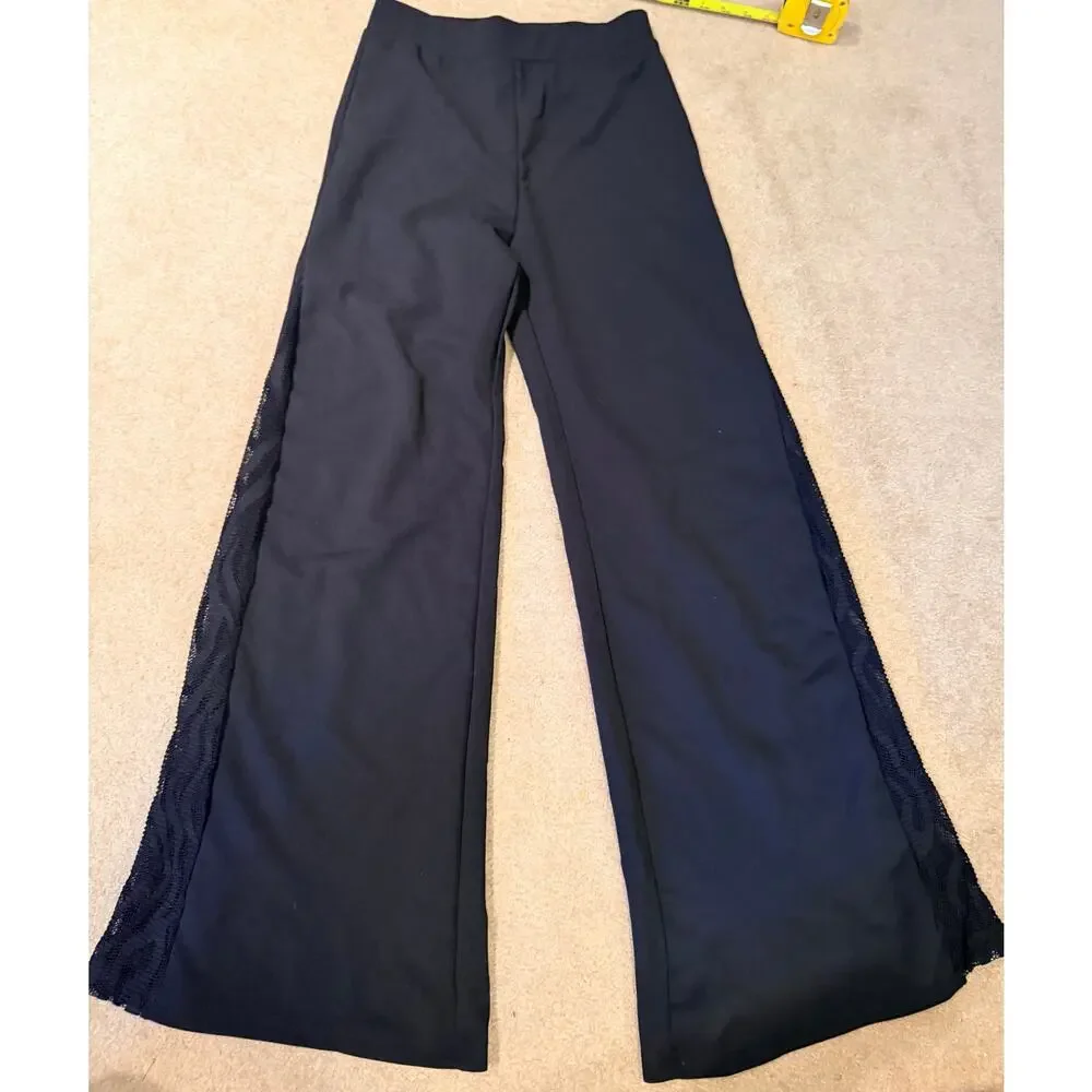 SHEIN Black Wide Leg Pants Women Size S Small Lace Side Panel Stretch Trousers